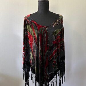 Vintage Velvet Multi-Colored Red Green Black Beaded Boho Kimono Shawl Art Deco